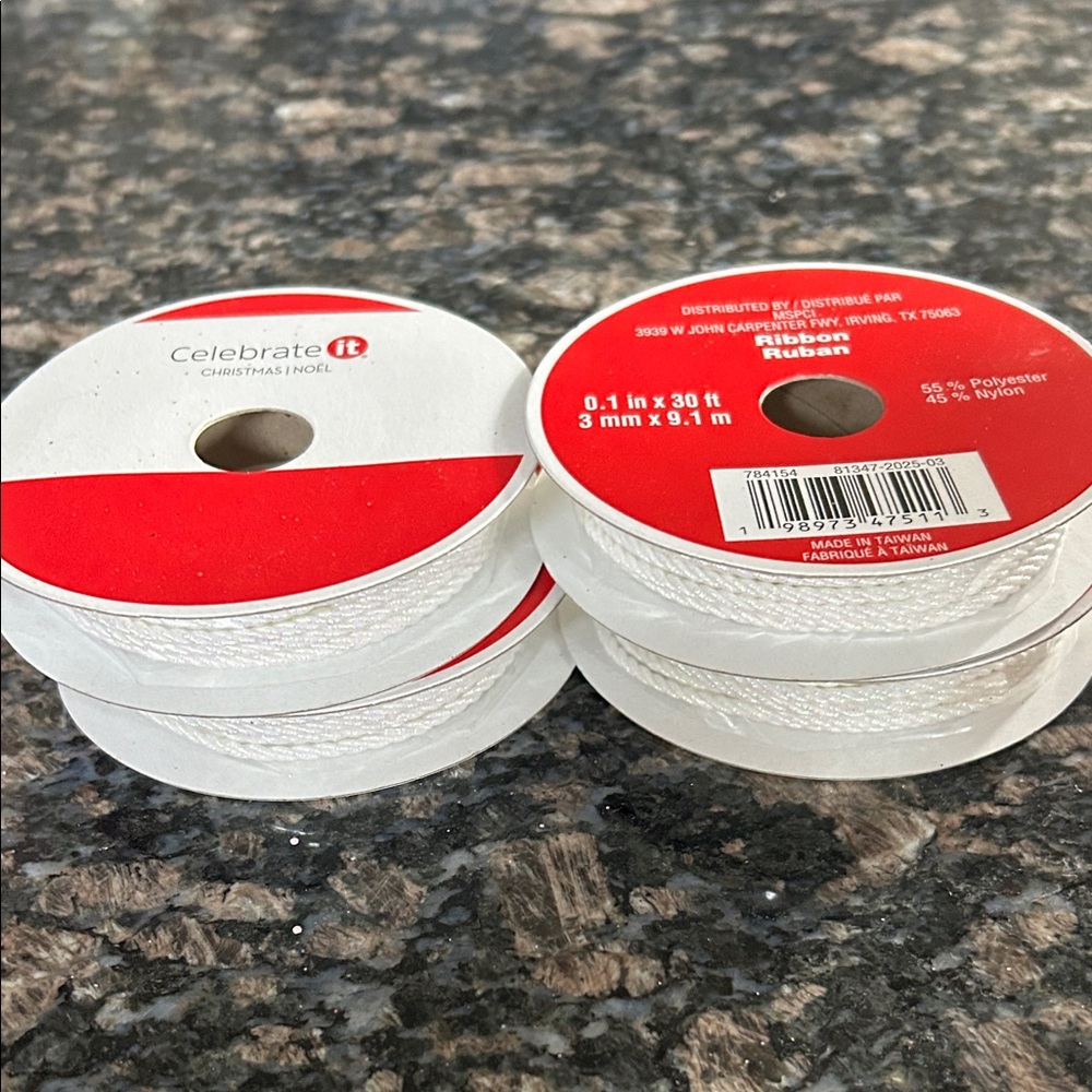 CELEBRATE IT WHITE TWISTED CORDING RIBBON 0.1"x30 FT LOT OF 4 NWT